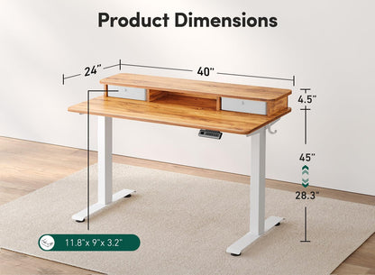40 X 24 Inch Height Adjustable Electric Standing Desk with Double Drawer, Stand up Desk with Storage Shelf, Sit Stand Desk, Light Rustic