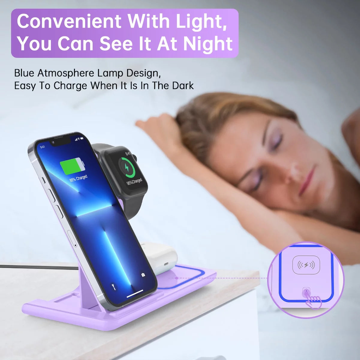 Wireless Charging Station, 3 in 1 Wireless Charger for Iphone 17/16/15/14/13/12/11/Pro/Pro Max/Xs, 18W Charging Dock for Iwatch Series 11 10 9 8 7 6 5 4 3 2, Airpods 4/3/2/Pro(Purple)